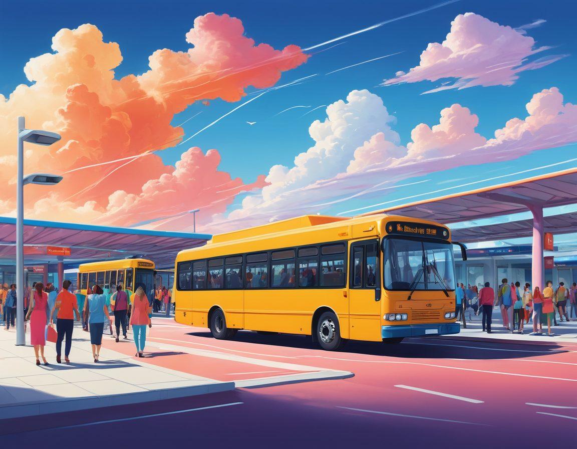 An inviting illustration of a vibrant bus station bustling with enthusiastic commuters, showcasing various colorful buses in motion. Include smiling passengers interacting with bus staff and maps highlighted with travel routes. Add whimsical clouds and a clear blue sky to evoke a sense of adventure. A subtle hint of travel tips like 'Pack Light', written artistically in the background. vector art. vibrant colors.