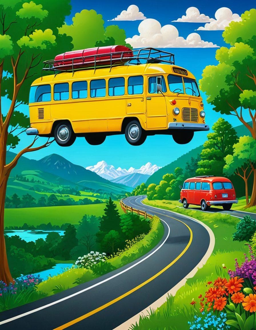 A colorful bus driving along a scenic route, surrounded by lush greenery and cheerful travelers waving from the windows. Incorporate elements like a sunny sky, road signs with travel tips, and joyful icons such as suitcase and happy emoticons. Capture a sense of adventure and excitement in the air. vibrant colors. playful illustration.